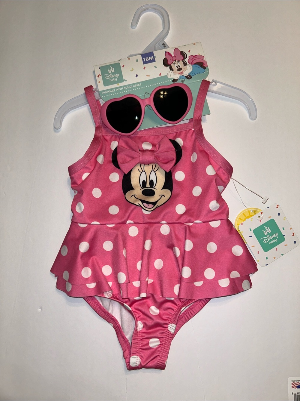 💐 10 for $50 Disney Pink Polka Dot Minnie Mouse One-Piece with Heart Sunglasses